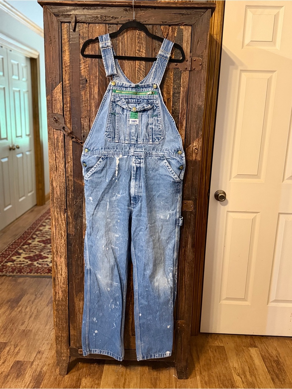 VTG Liberty Overalls Denim Bib Carpenter Chore SZ 34 Distressed Paint Splatter